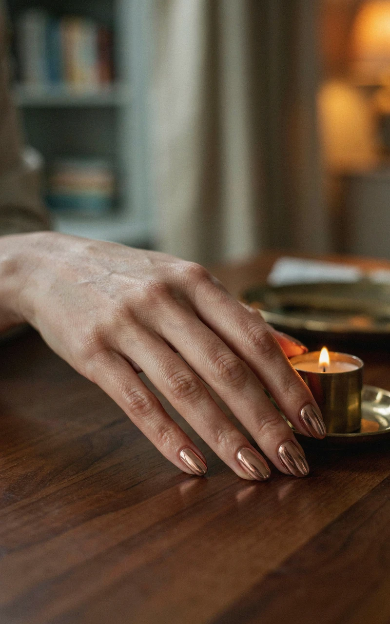 Full chrome nails in a mirror-like warm bronze on a woman's hand resting on a walnut table by a brass candle holder