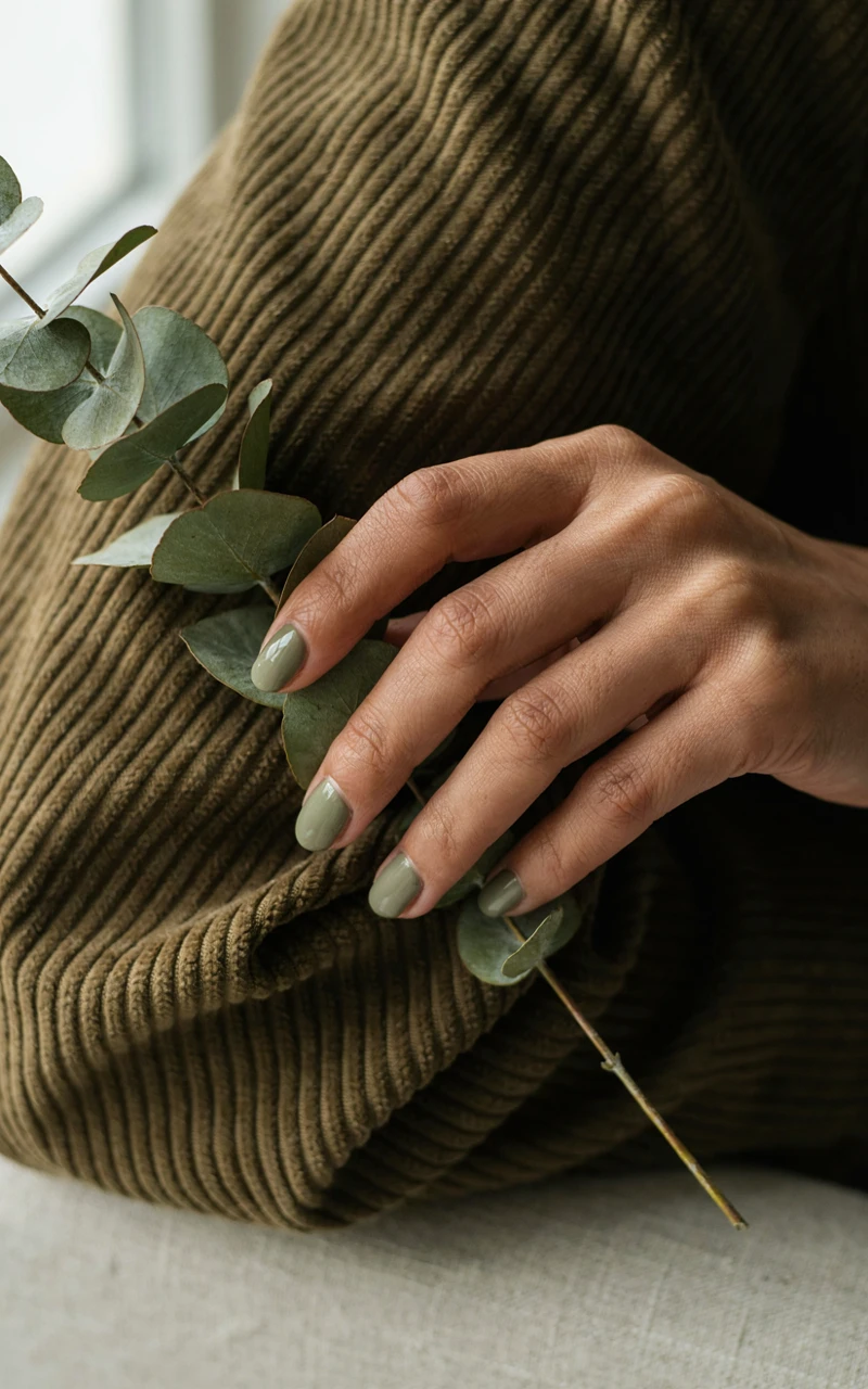 Olive green chrome nails on a woman's hand resting on an olive corduroy jacket beside dried eucalyptus