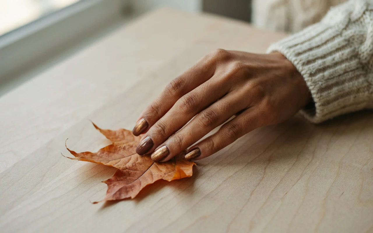 A woman's hand showing chrome fall nail ideas with chocolate brown almond nails and a gold chrome shine on a cream knit sweater