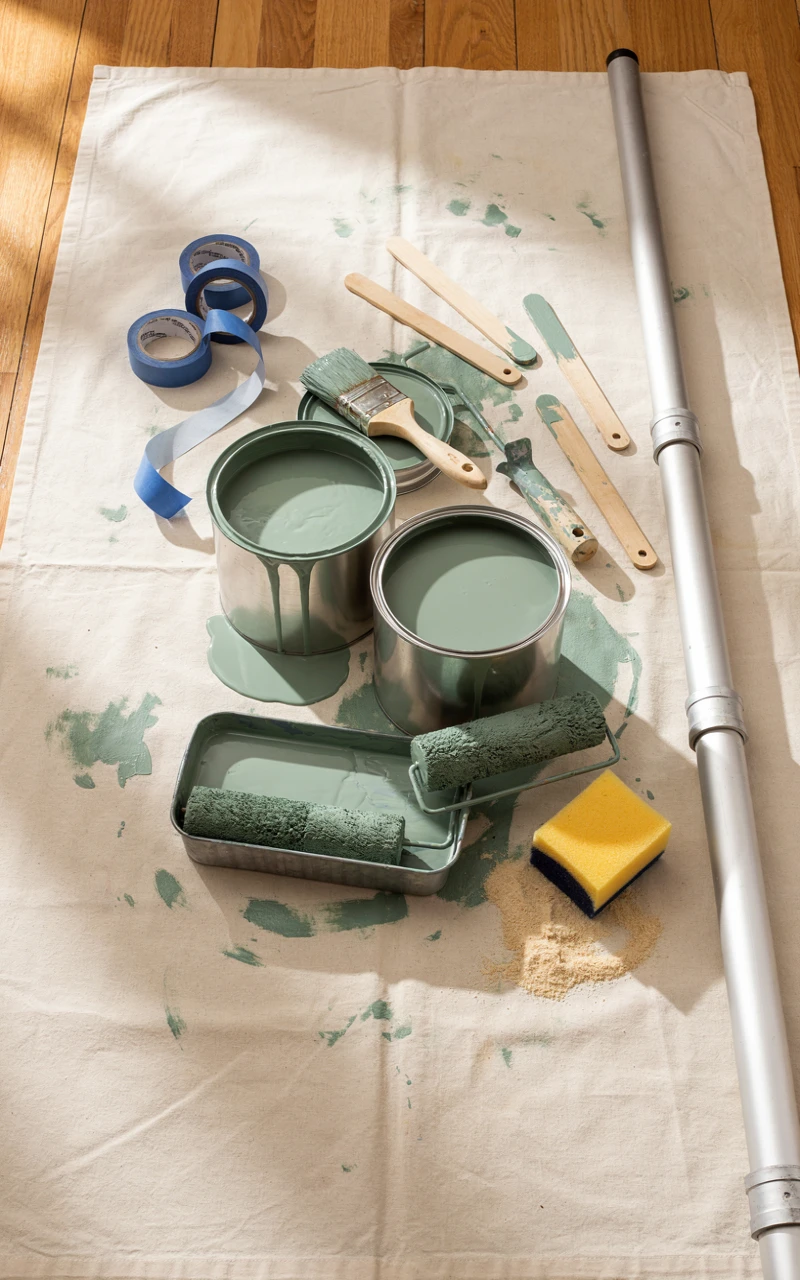 How to Master Color Drenching Without Making Your Space Feel Smaller 2 Paint cans in sage, an angled brush, roller, tray and painter's tape on a canvas drop cloth for color drenching