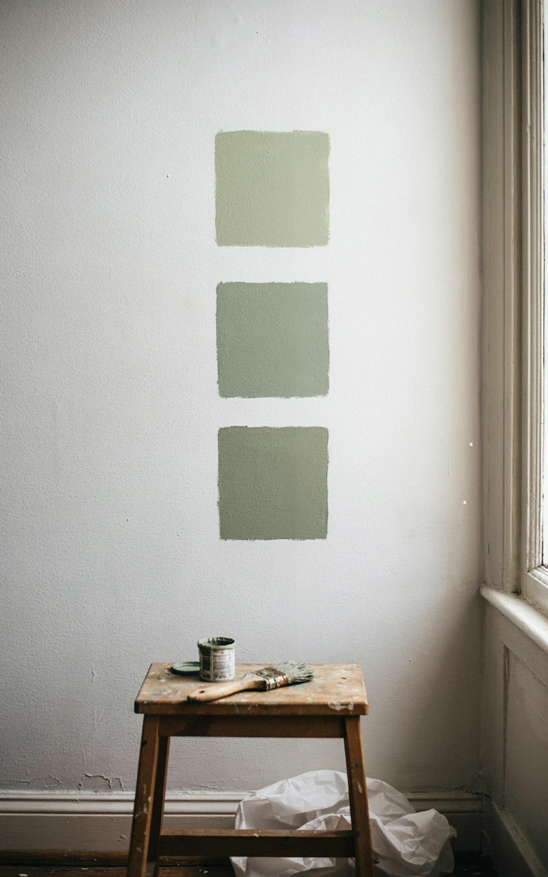 How to Master Color Drenching Without Making Your Space Feel Smaller 3 Three large sage and green paint swatches on a sunny wall, tested before color drenching a small room