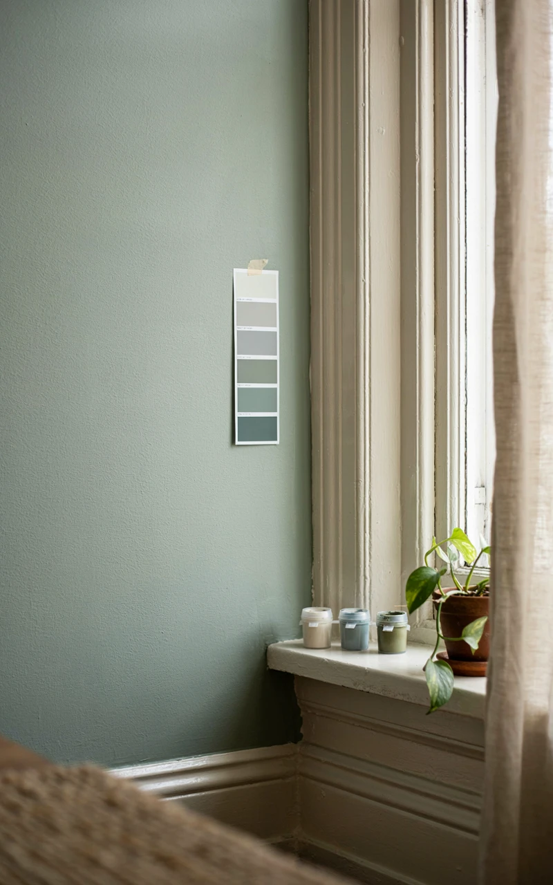 How to Master Color Drenching Without Making Your Space Feel Smaller 4 Sage wall and satin trim in the same color with a paint strip of lighter and darker shades taped beside them