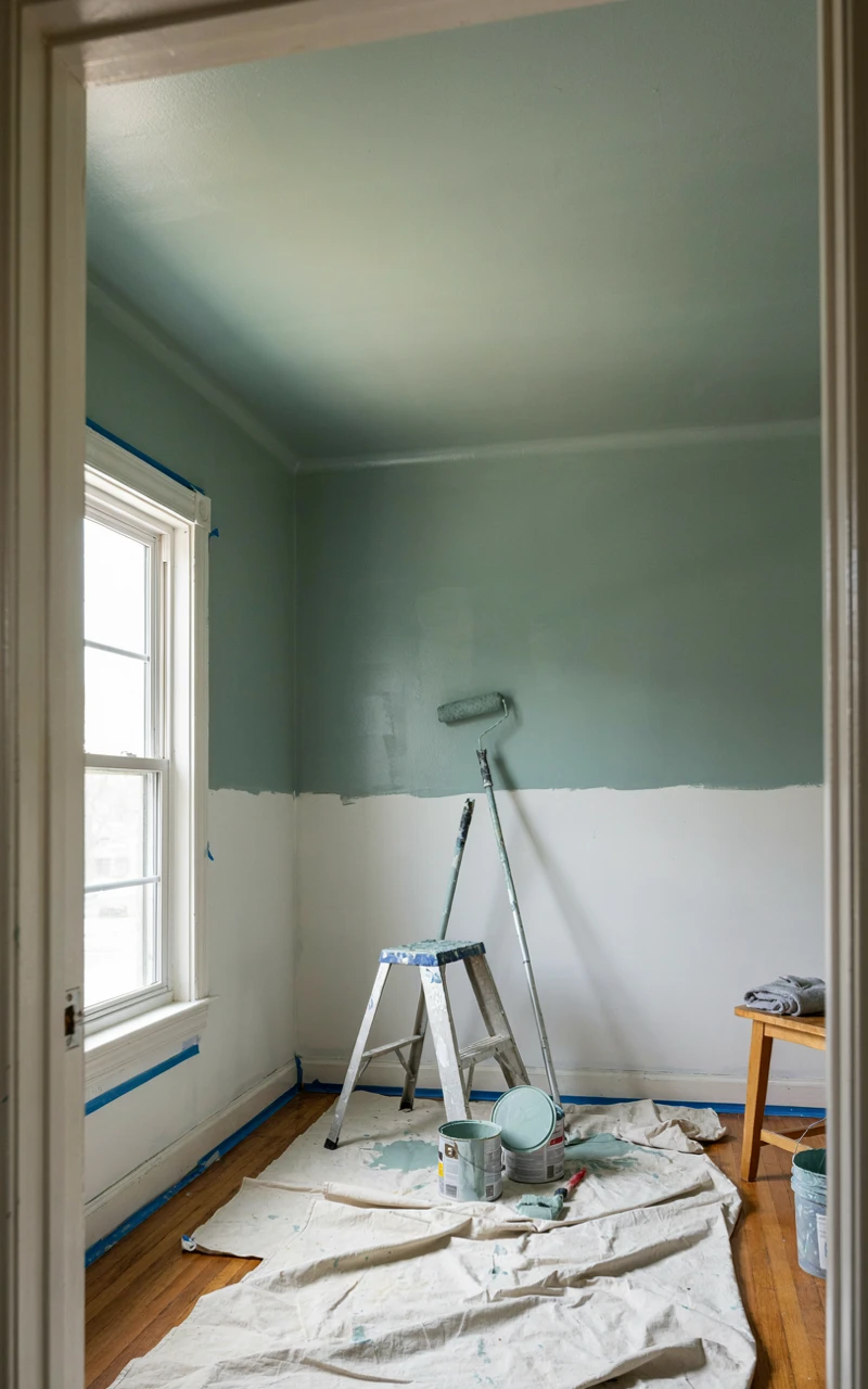 How to Master Color Drenching Without Making Your Space Feel Smaller 5 A room mid-paint with the ceiling and upper walls in sage, a ladder, roller and tape showing how to color drench a room