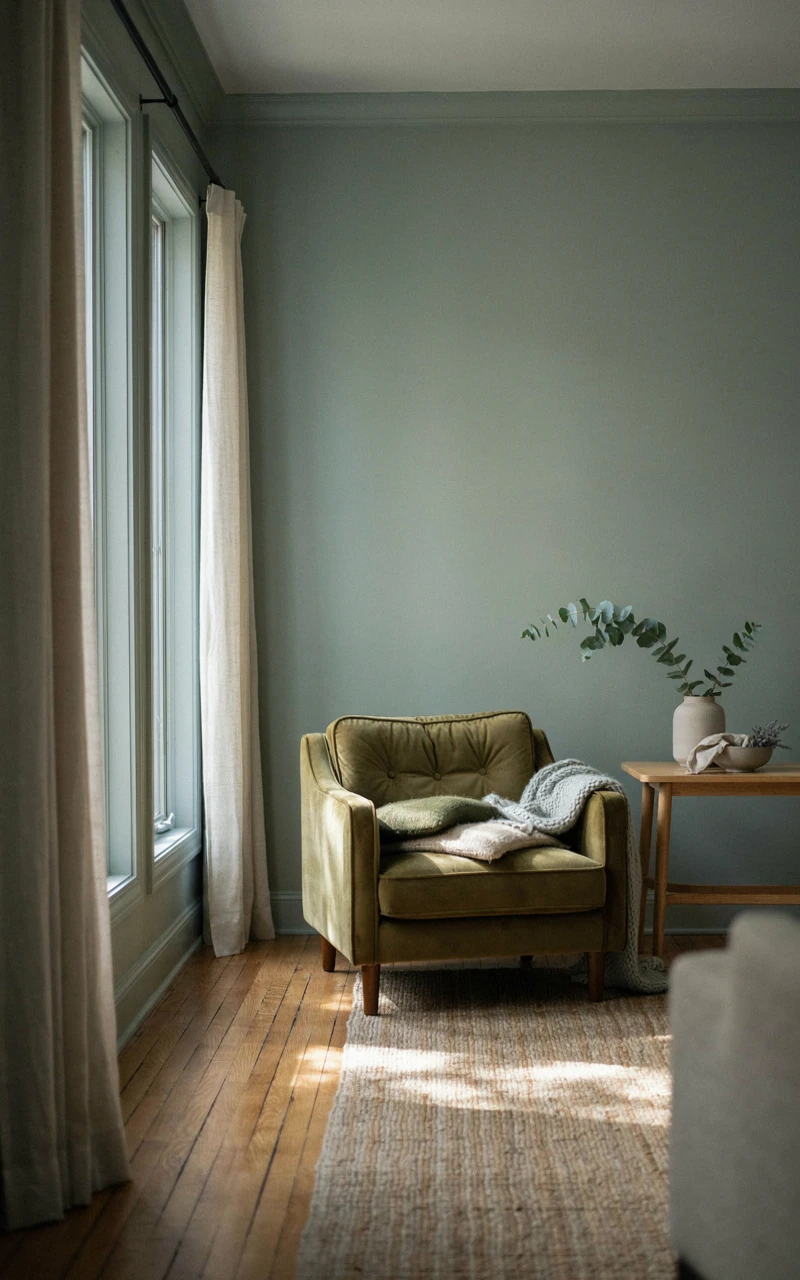 How to Master Color Drenching Without Making Your Space Feel Smaller 6 Finished sage room with matching linen curtains, a green velvet chair and stoneware vase, a monochromatic room idea