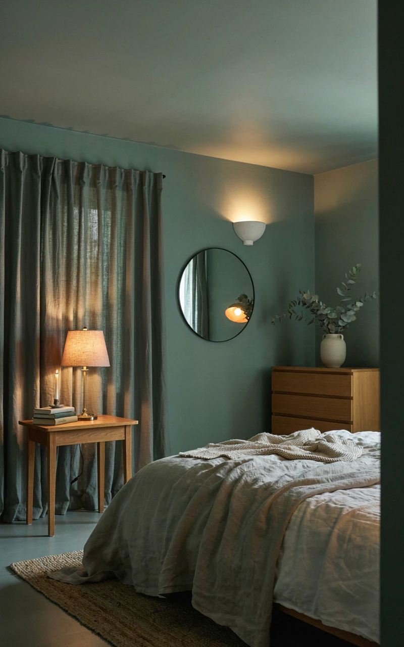 How to Master Color Drenching Without Making Your Space Feel Smaller 7 A sage color drenched room at night lit by a linen table lamp, a wall sconce and a mirror that keeps it feeling open