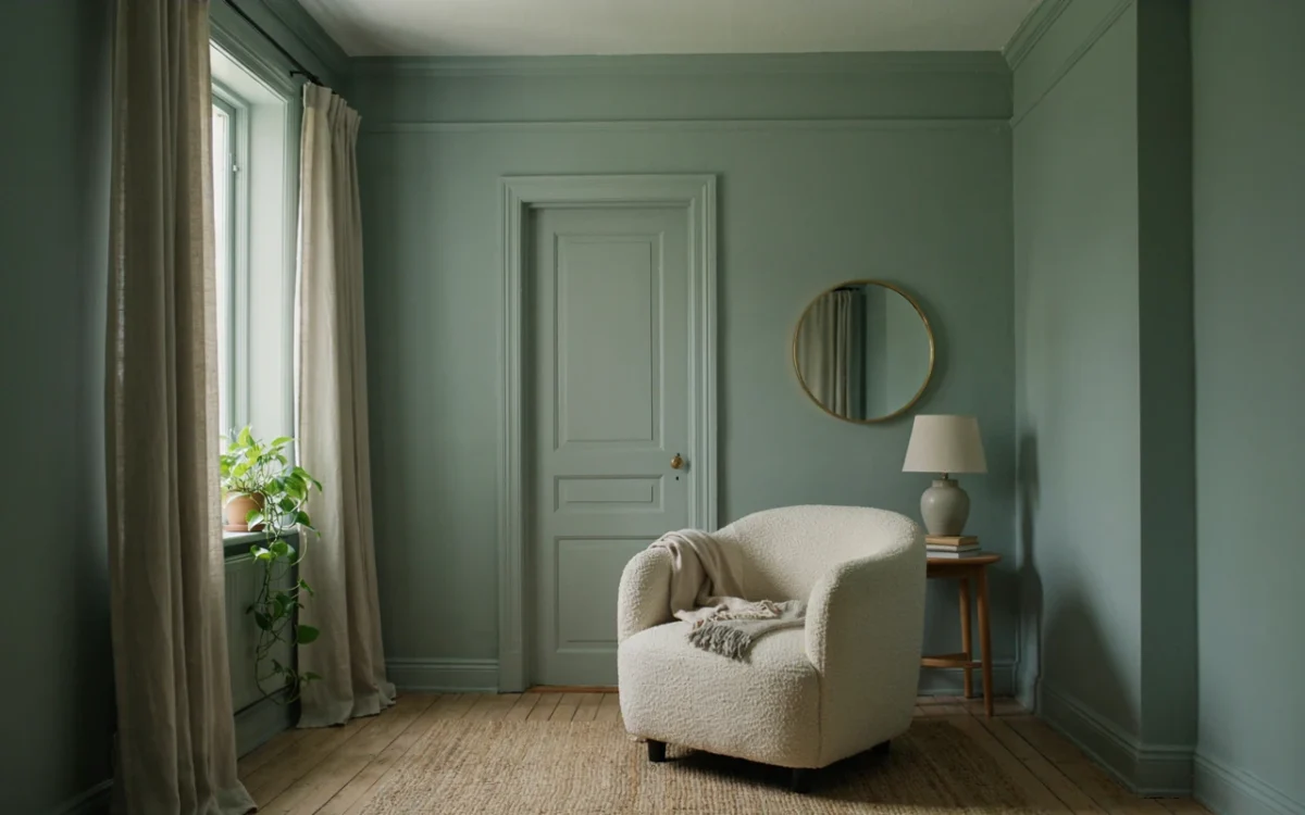 A small sitting room showing color drenching in soft sage, with walls, ceiling, trim and linen curtains all one shade