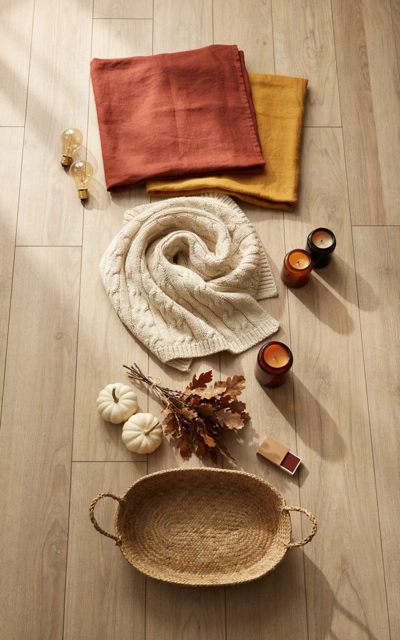 Fall living room supplies on an oak floor: rust pillow covers, a cream knit throw, warm bulbs, candles, and small pumpkins