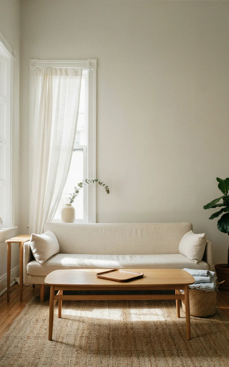 A tidy living room with a cleared coffee table and a basket of summer pillow covers ready to put away