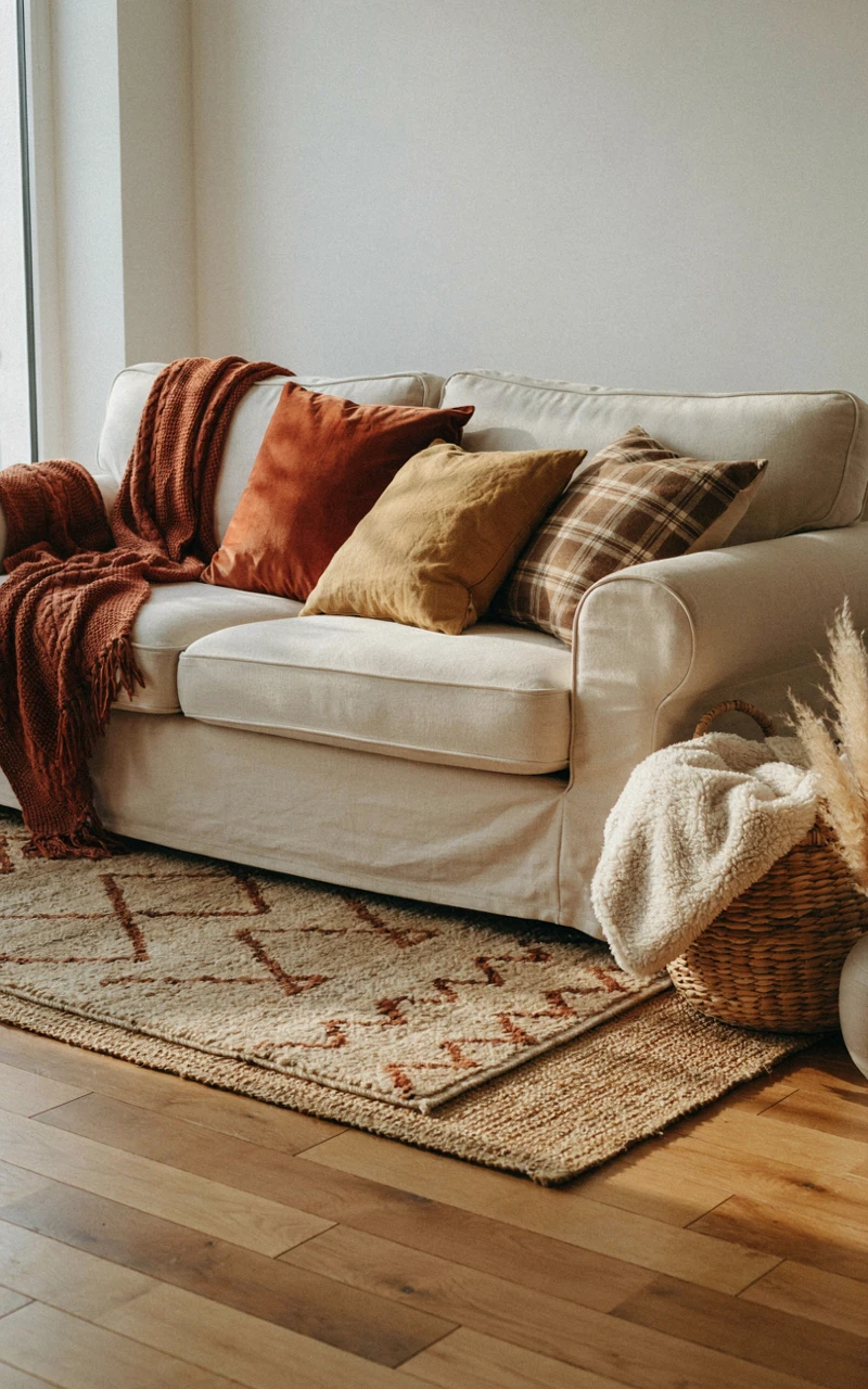 A cream sofa layered with a rust knit throw, plaid and velvet pillows, and a wool rug over jute for fall