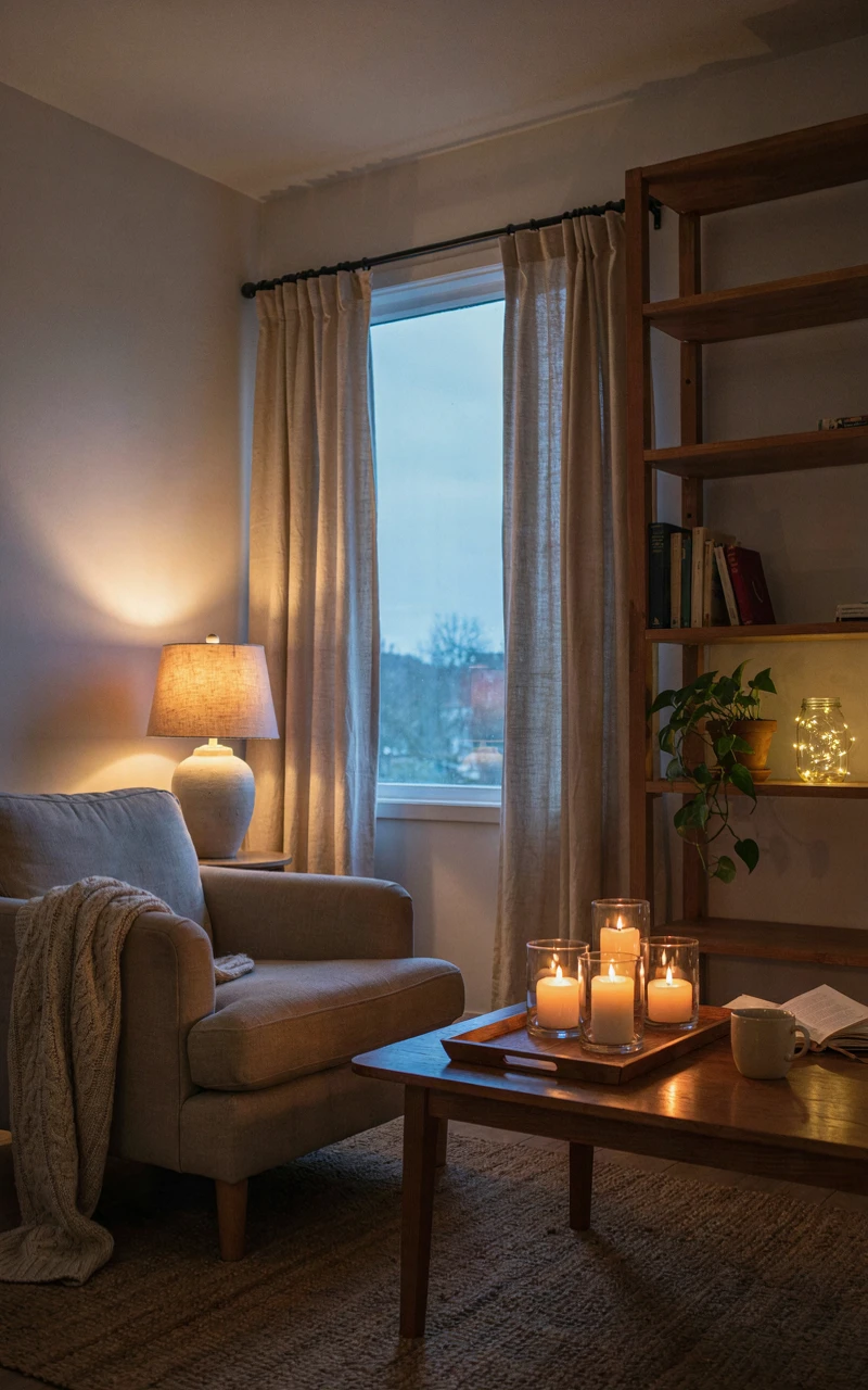 A living room corner at dusk lit by a linen lamp, candles on a wooden tray, and fairy lights in a glass jar