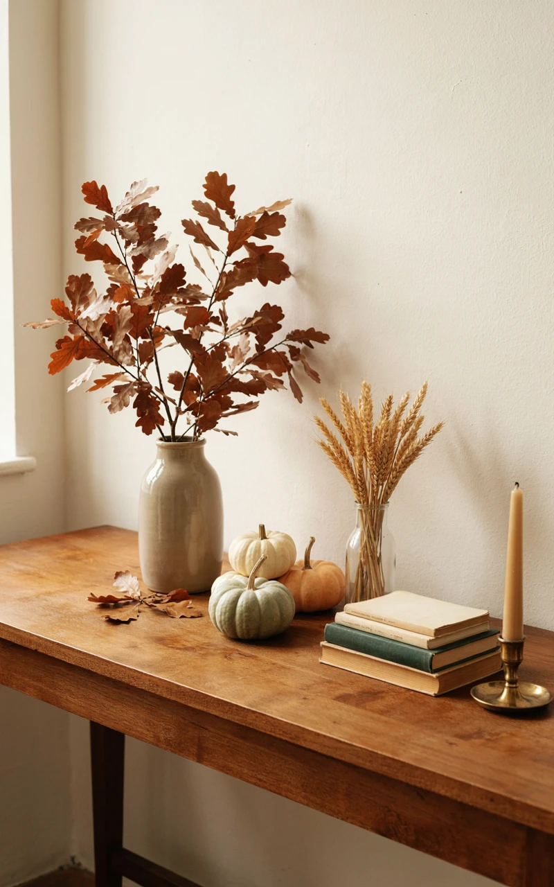 Simple fall decor on a wooden console: oak branches in a stoneware jug, small pumpkins, dried wheat, and a brass candlestick