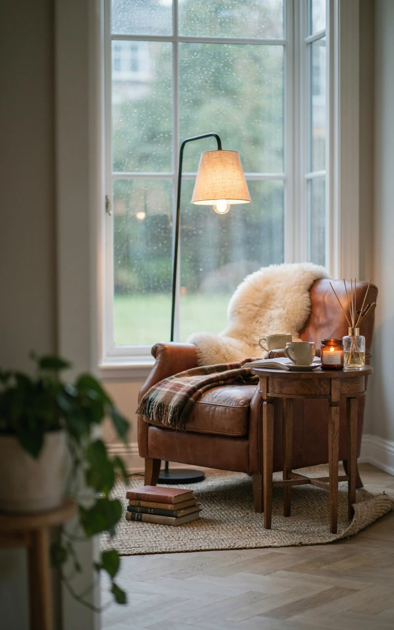 A reading chair with a sheepskin and plaid throw beside a side table with tea, a book, and a lit amber candle