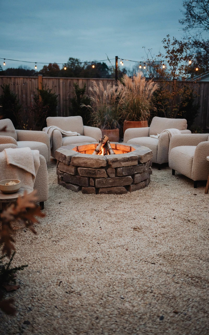 Round stone fire pit surrounded by deep cushioned chairs and wool throws on a gravel patio at dusk