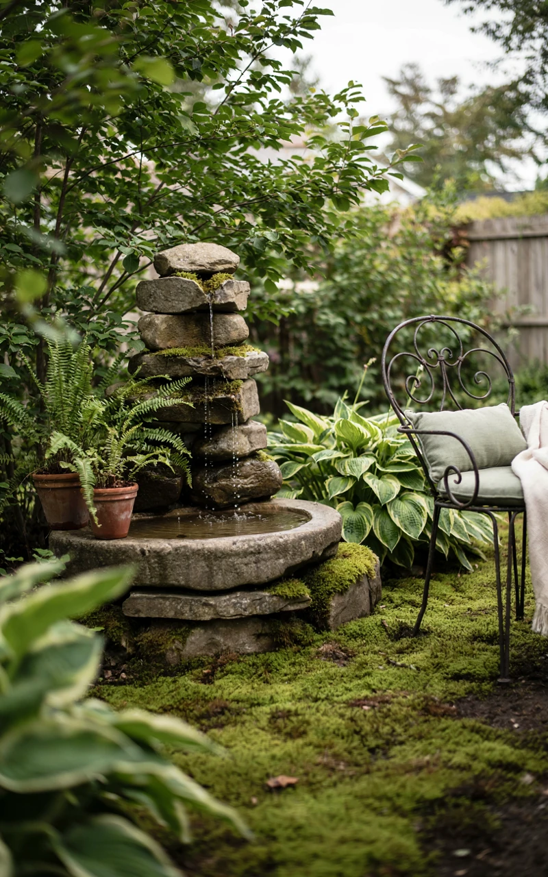 Small stone water fountain with trickling water beside potted ferns and a cushioned garden chair