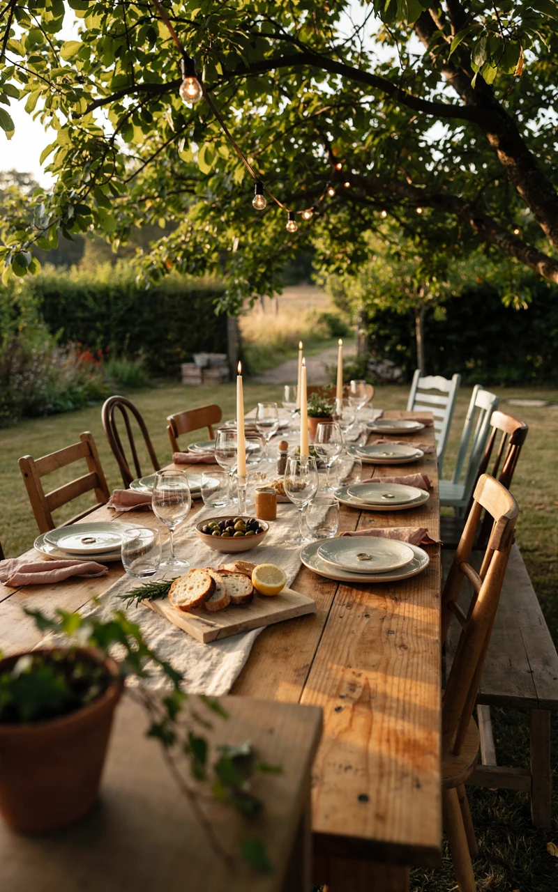 Wooden outdoor dining table set with candles, linen napkins, and plates under a tree at sunset