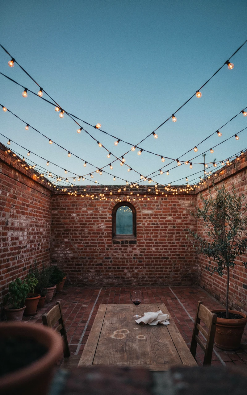 Warm string lights strung over a brick patio with a wooden table and potted plants in the evening
