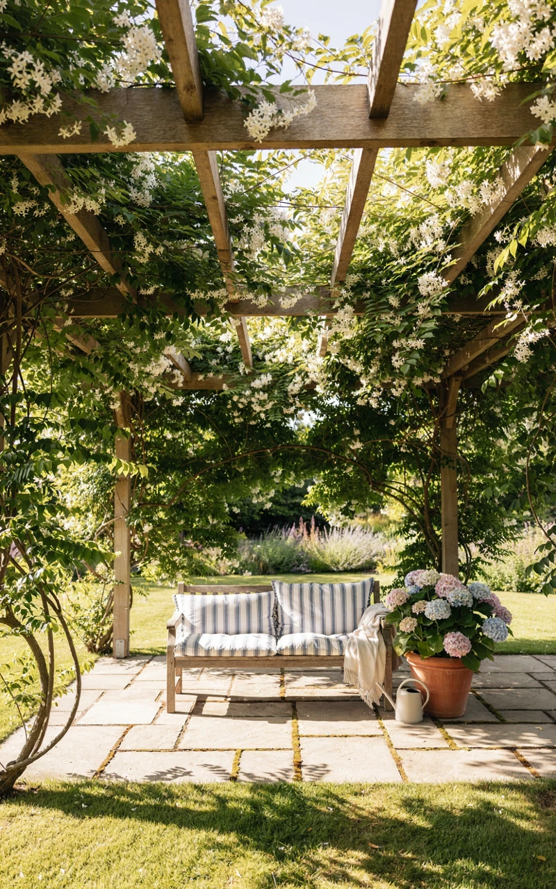 Wooden pergola covered in climbing jasmine shading a bench with striped cushions in a backyard corner
