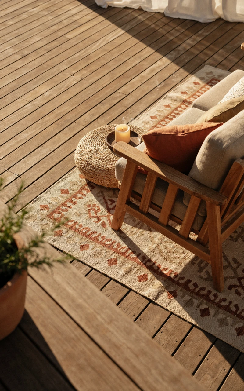Outdoor rug and layered pillows on a wooden deck, simple backyard decor that makes a seating area feel soft