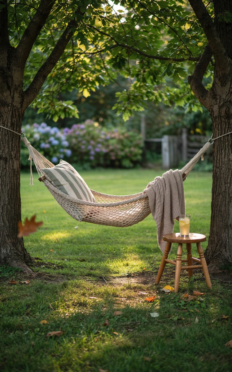 Cotton rope hammock hung between two trees with a pillow and blanket, a quiet spot for outdoor relaxation