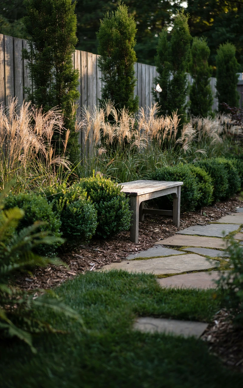 Tall ornamental grasses and shrubs screening a garden bench, a backyard landscaping idea for privacy
