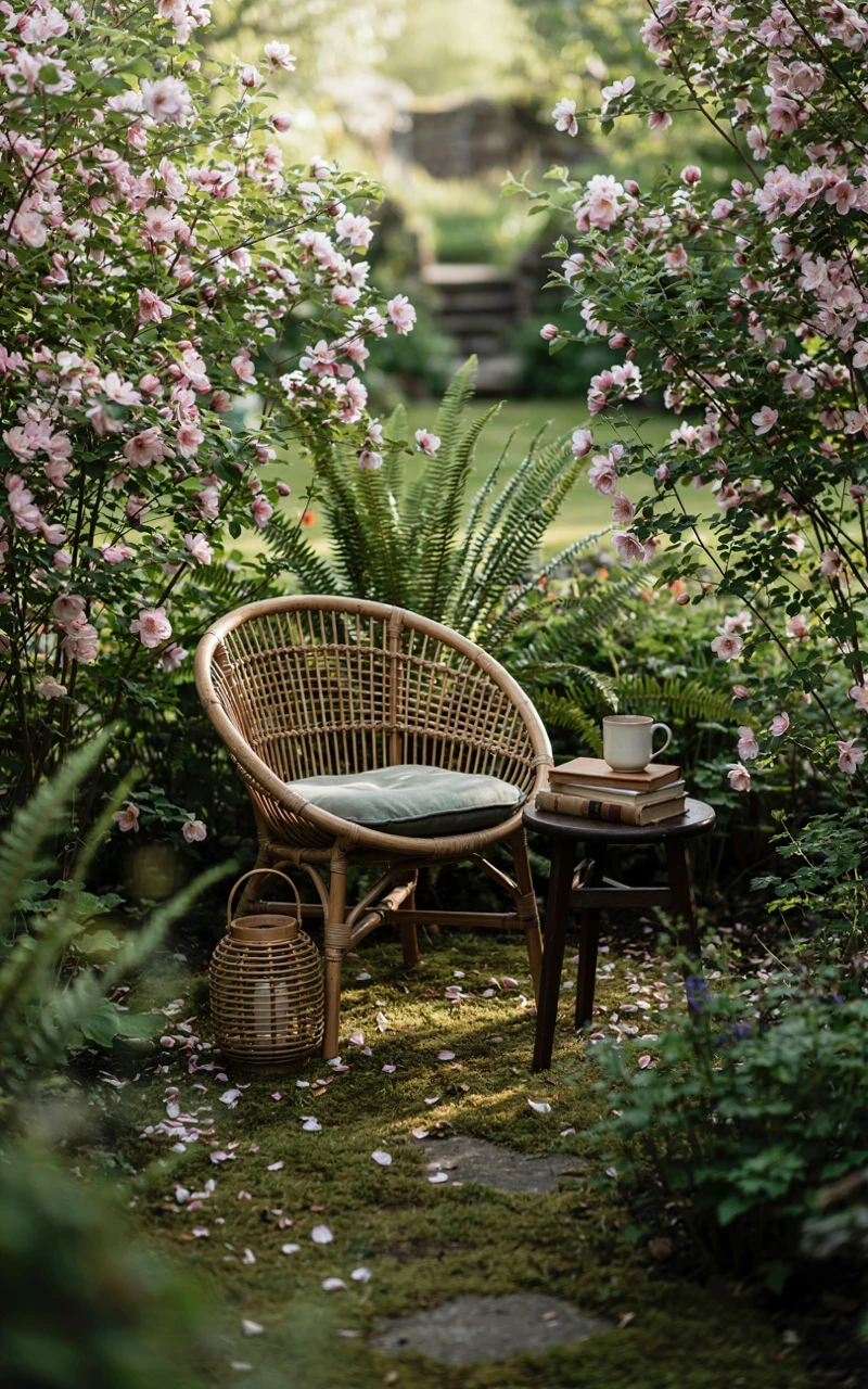 Wicker chair, side table, and books tucked among garden plants, a small backyard retreat for reading