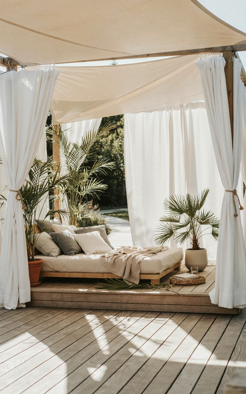 Linen outdoor curtains hanging from a deck frame around a cushioned daybed in soft afternoon shade