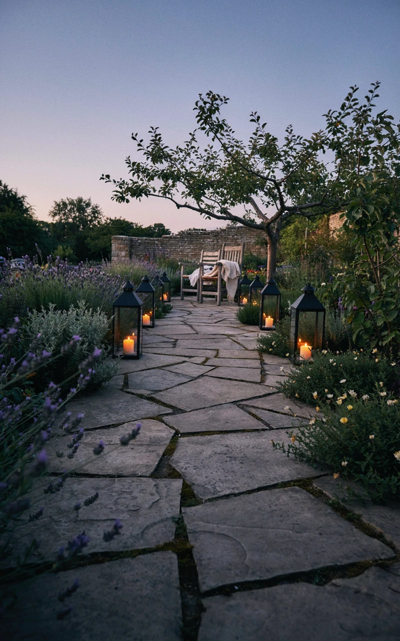 Stone garden path lined with glowing lanterns leading to a seating area at twilight