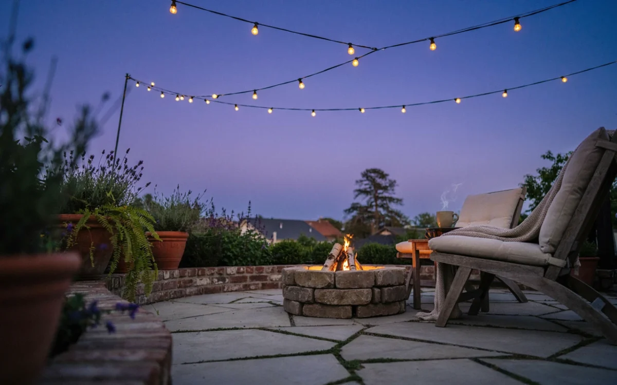 A dusk patio full of cozy backyard ideas: string lights, a stone fire pit, and cushioned chairs with a knit throw