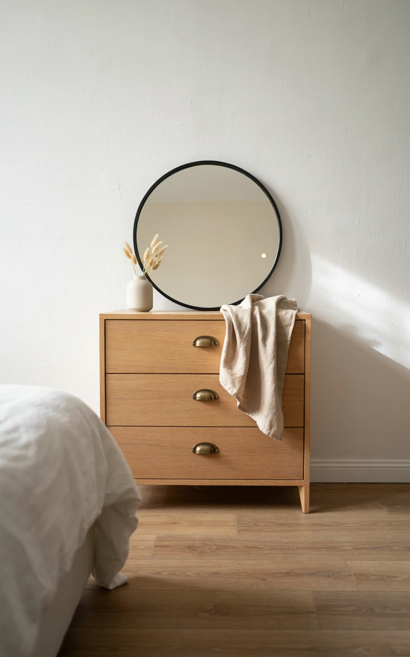 How to Create a Cozy Autumn Bedroom Without Buying Lots of Decor 3 An empty wooden dresser and a simple round mirror in a clean, bright bedroom corner.
