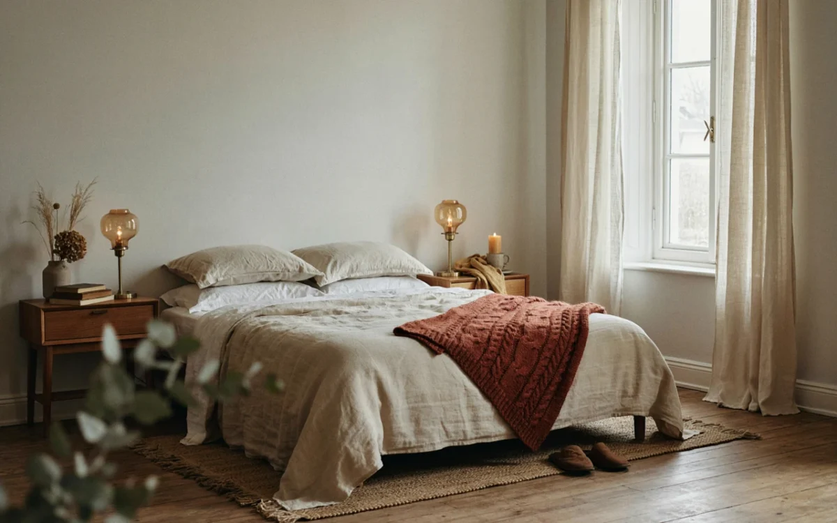 A cozy fall bedroom featuring a bed with a chunky rust knit blanket and cream linen sheets.