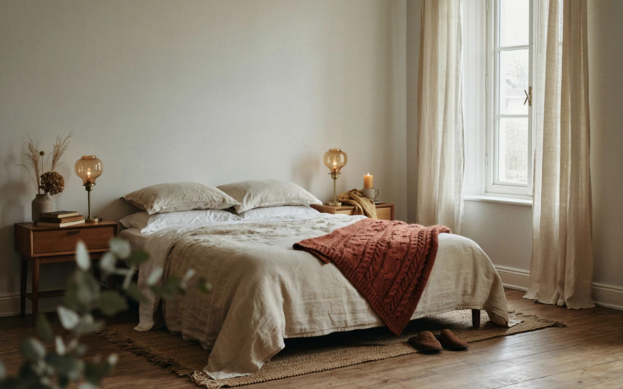 How to Create a Cozy Autumn Bedroom Without Buying Lots of Decor 1 A cozy autumn bedroom ideas featuring a bed with a chunky rust knit blanket and cream linen sheets.