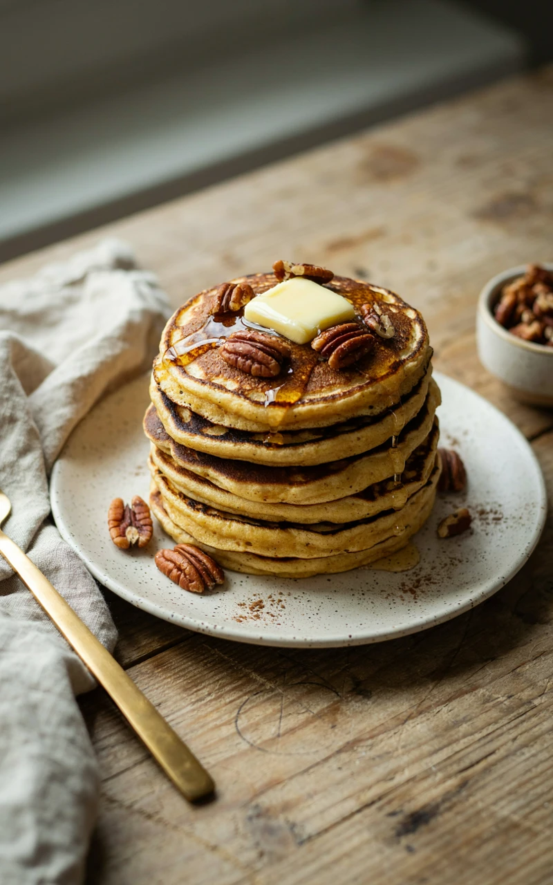 10 Cozy Fall Breakfast Ideas for Weekend Mornings 2 A stack of pumpkin spice pancakes with melting butter, maple syrup and toasted pecans on a speckled plate