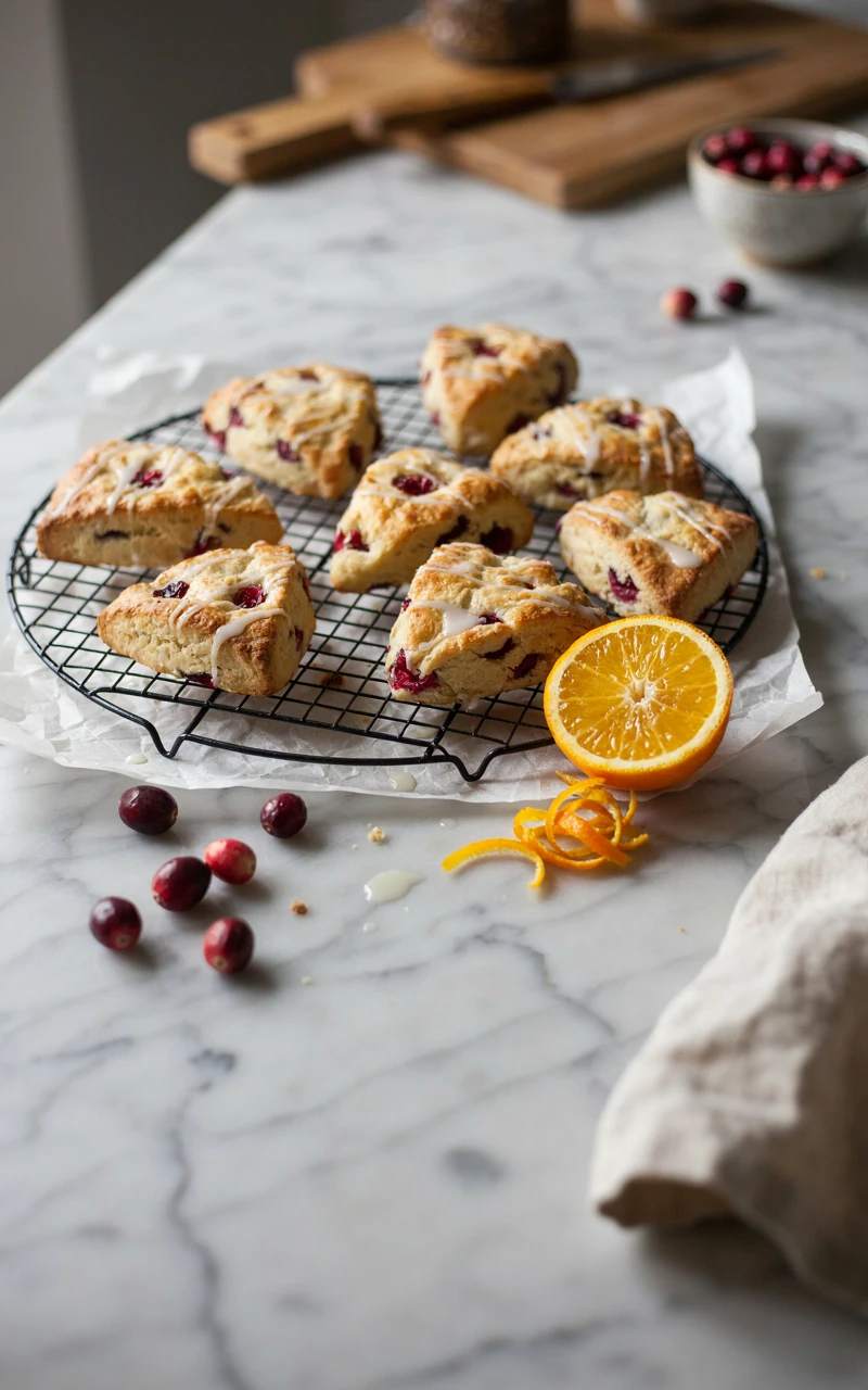 10 Cozy Fall Breakfast Ideas for Weekend Mornings 11 Glazed cranberry orange scones cooling on a wire rack with fresh cranberries and a halved orange on marble