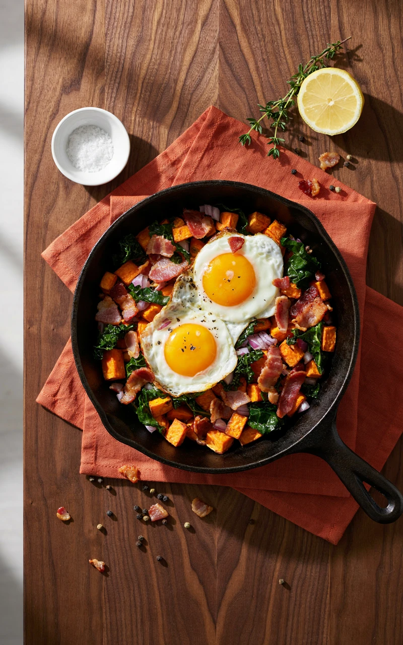 10 Cozy Fall Breakfast Ideas for Weekend Mornings 3 A cast iron skillet of sweet potato, bacon and kale hash topped with two runny fried eggs for a weekend breakfast