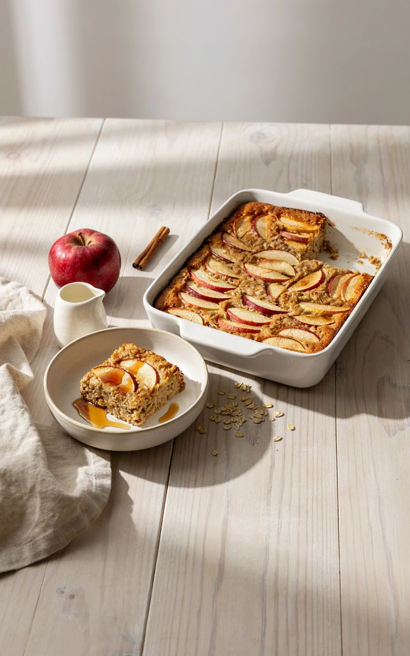 10 Cozy Fall Breakfast Ideas for Weekend Mornings 4 Apple cinnamon baked oatmeal in a white baking dish with one square served in a bowl with milk and maple syrup