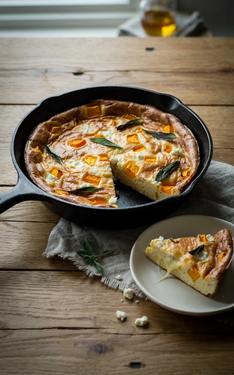 10 Cozy Fall Breakfast Ideas for Weekend Mornings 5 A butternut squash, sage and goat cheese frittata in a cast iron skillet with one wedge cut, a savory fall breakfast