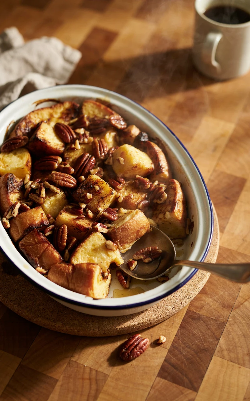 10 Cozy Fall Breakfast Ideas for Weekend Mornings 6 A golden maple pecan French toast bake in an oval baking dish with candied pecans and a serving spoon