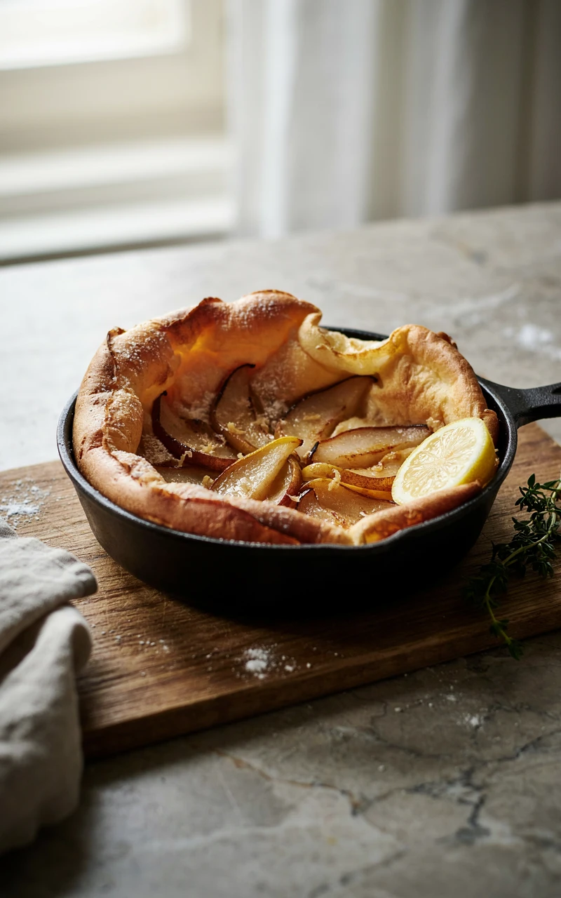 10 Cozy Fall Breakfast Ideas for Weekend Mornings 8 A puffed pear and ginger Dutch baby in a cast iron skillet, dusted with powdered sugar beside a lemon wedge