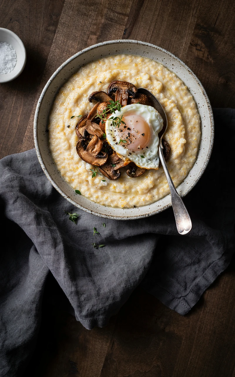 10 Cozy Fall Breakfast Ideas for Weekend Mornings 9 A bowl of creamy cheesy grits topped with roasted mushrooms, a fried egg and thyme for a savory fall breakfast
