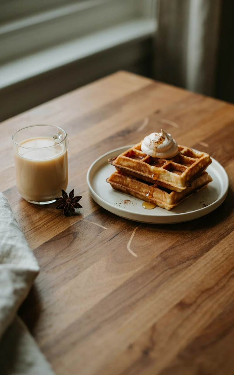 10 Cozy Fall Breakfast Ideas for Weekend Mornings 10 Chai-spiced waffles with maple whipped cream and maple syrup beside a glass mug of chai on a walnut table