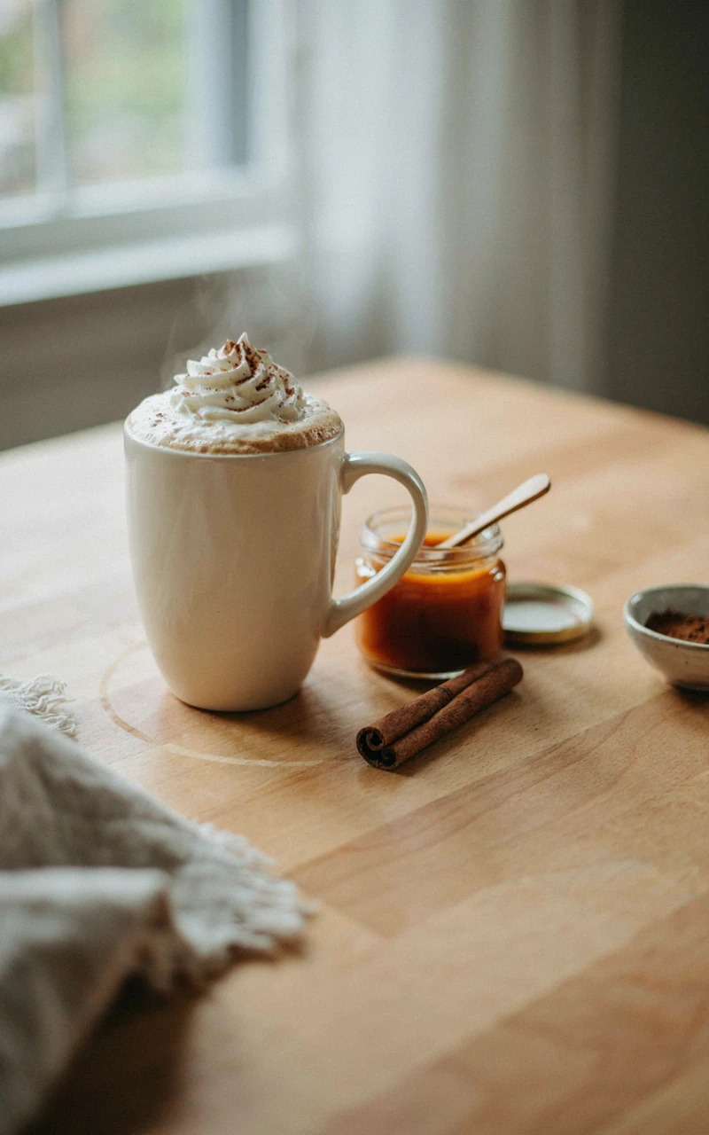 12 Cozy Fall Drinks to Make at Home on Chilly Days 2 Homemade pumpkin spice latte in a cream mug with whipped cream and cinnamon, one of the cozy fall drinks to make at home