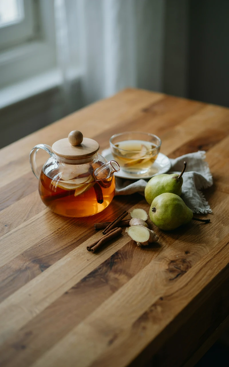 12 Cozy Fall Drinks to Make at Home on Chilly Days 11 Spiced pear ginger tea in a glass teapot with pear slices and fresh ginger, a teacup and whole pears beside it