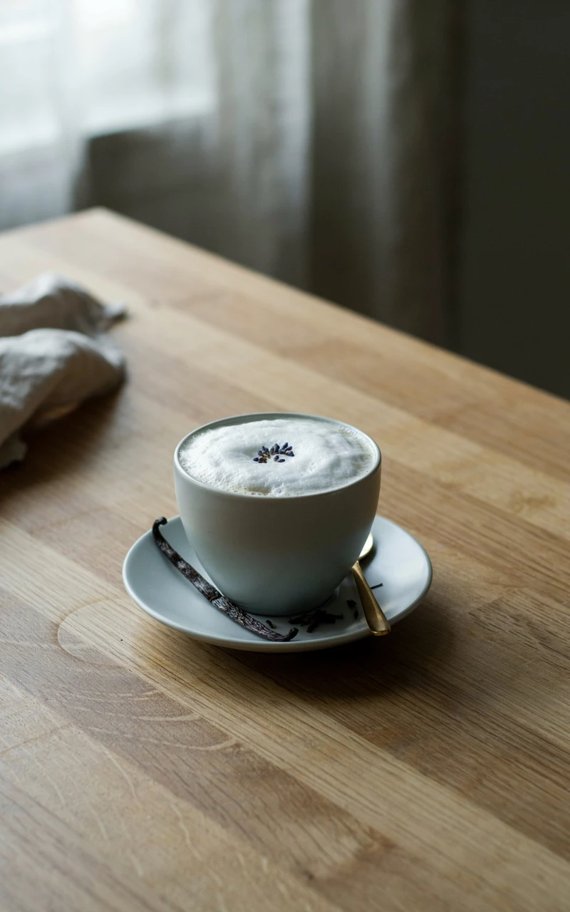 12 Cozy Fall Drinks to Make at Home on Chilly Days 12 Vanilla London Fog tea latte with milk foam in a blue cup, a vanilla bean and loose Earl Grey leaves nearby