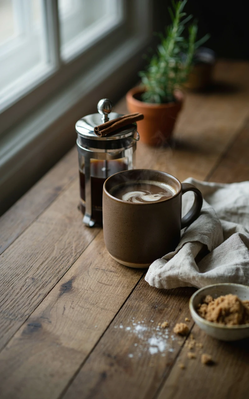 12 Cozy Fall Drinks to Make at Home on Chilly Days 13 Brown sugar cinnamon coffee in a stoneware mug beside a French press, a bowl of brown sugar and cinnamon sticks