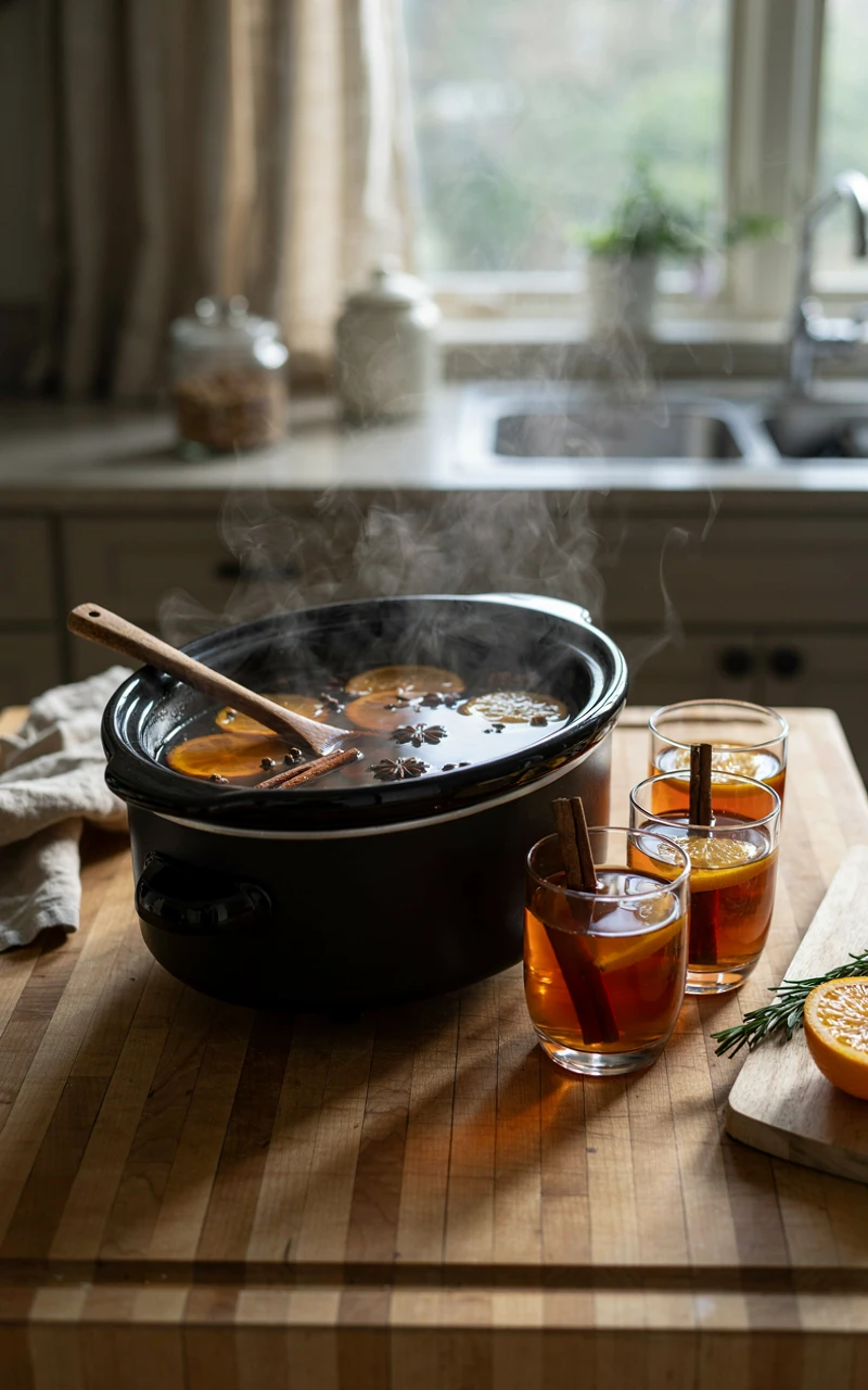 12 Cozy Fall Drinks to Make at Home on Chilly Days 3 Slow cooker of spiced apple cider with orange slices, cinnamon sticks and star anise beside two glass mugs