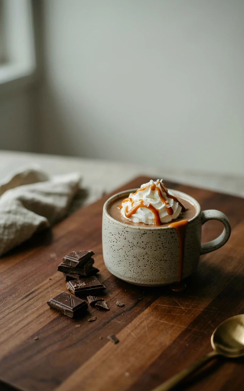 12 Cozy Fall Drinks to Make at Home on Chilly Days 4 Salted caramel hot chocolate with whipped cream, caramel drizzle and sea salt flakes in a stoneware mug