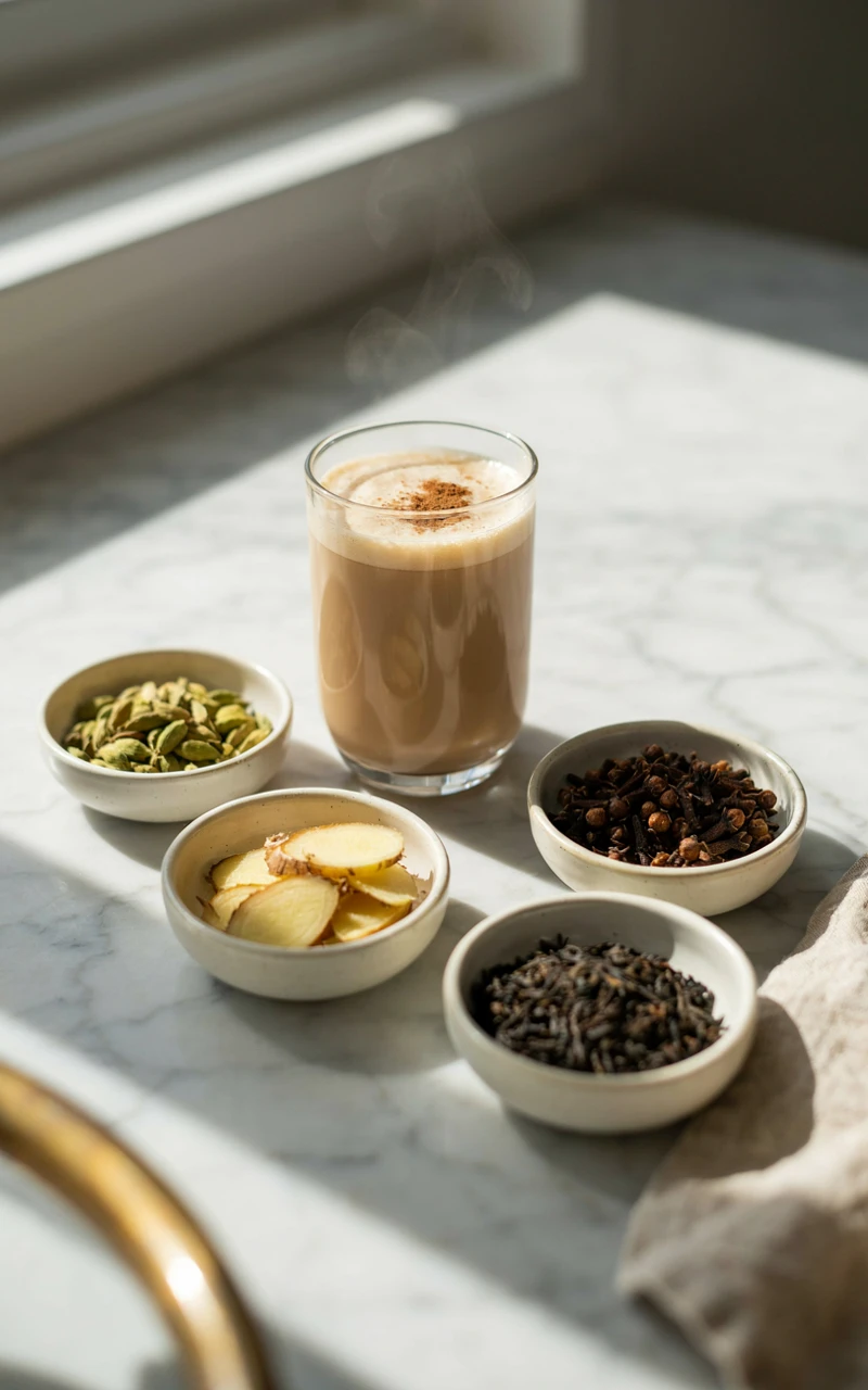 12 Cozy Fall Drinks to Make at Home on Chilly Days 5 Chai tea latte from scratch in a glass mug surrounded by cardamom pods, cloves, fresh ginger and black tea