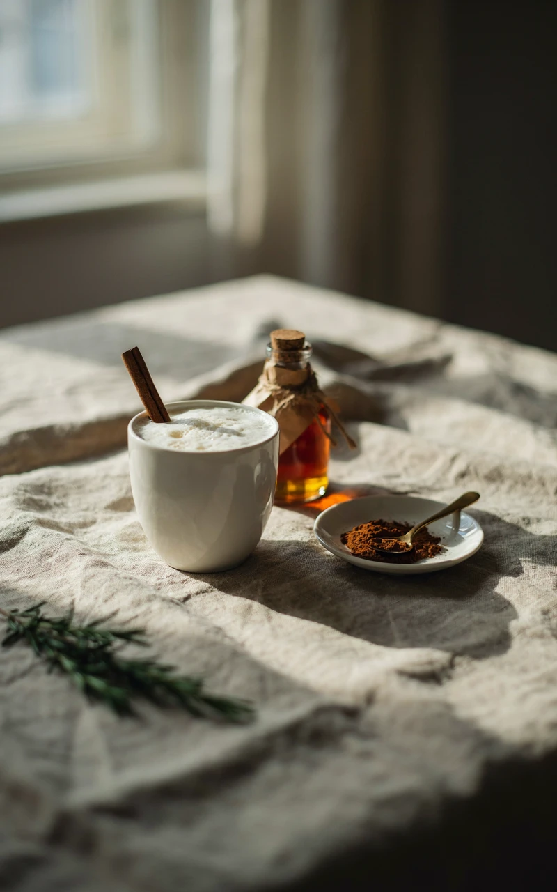 12 Cozy Fall Drinks to Make at Home on Chilly Days 6 Frothy maple cinnamon steamer in a white cup with a cinnamon stick and a small bottle of maple syrup