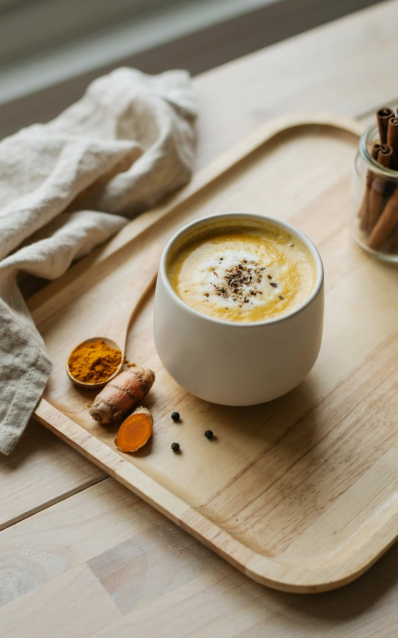 12 Cozy Fall Drinks to Make at Home on Chilly Days 7 Golden milk turmeric latte in a ceramic cup next to fresh turmeric root and a spoon of ground turmeric