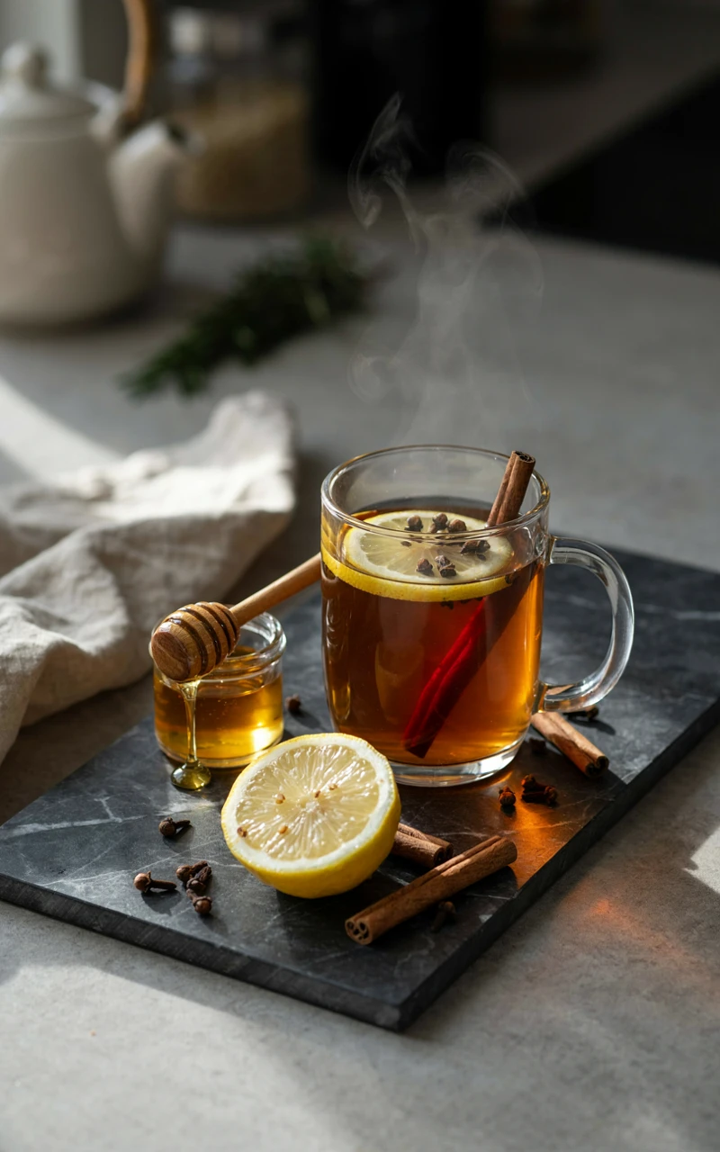 12 Cozy Fall Drinks to Make at Home on Chilly Days 8 Classic honey hot toddy in a glass mug with a clove-studded lemon wheel, cinnamon stick and a jar of honey